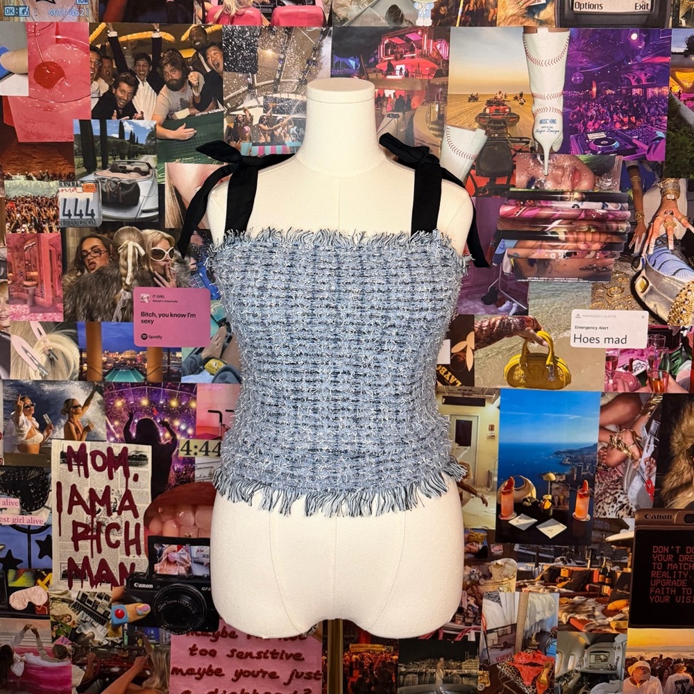 INC blue and black tweed bow top